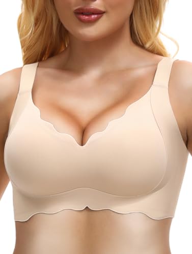 Quttlzze U Scalloped Lift Bras for Women No Underwire Buttery Soft Smooth Wireless Bras V Neck Seamless Bra Beige,L-1P