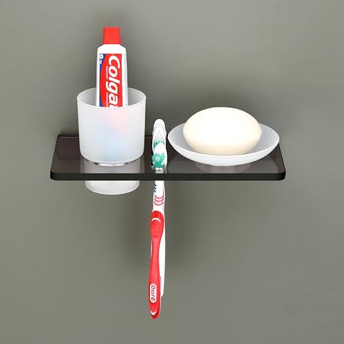 Image of HAPPI Unbreakable Acrylic Soap Dish with Glass Tumbler, Soap Stand, Soap Case, Soap Holder Stand Wall Mounted for Bathroom with Removable Drain Tray (Smoke Black)