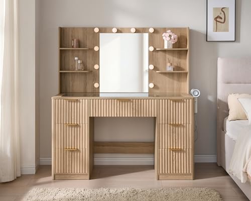 Image of AMERLIFE 47.2 inch Fluted Vanity Desk with Mirror and Adjustable LED Lights, Large 7 Drawers Makeup Table with Glass Top and Charging Station for Women and Girls, Bedroom or Dorm, Natural Oak