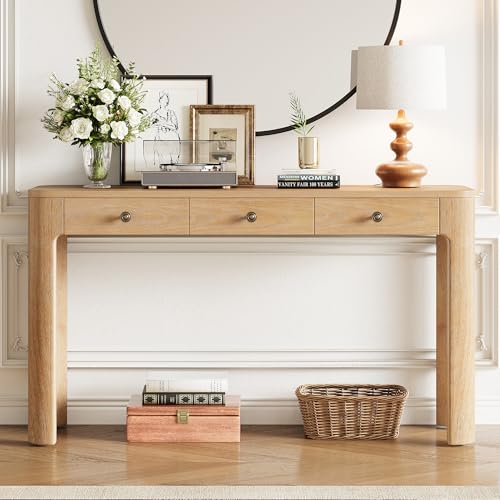Merax 52" Console Table with 3 Drawers, Rustic Entryway Table with Curved Corners, Narrow Long Sofa Table for Living Room, Hallway, Entrance, Behind Couch, Foyer, Sturdy Thick Legs, Light Oak by Merax - Used condition - US$221.82