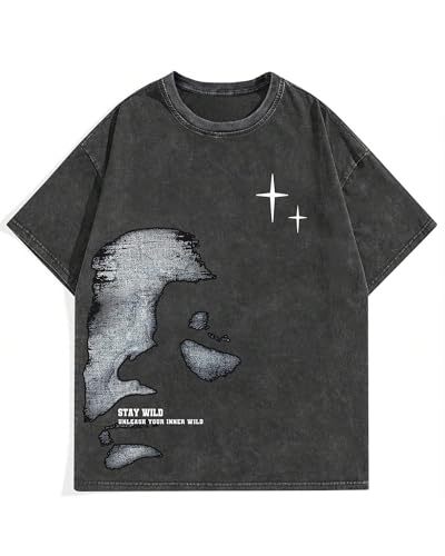 Graphic Tees Men Oversized Drop Shoulder Cool Cotton T-Shirt Short Sleeve Vintage Streetwear Crew Neck Casual Tee Top(Large Black)