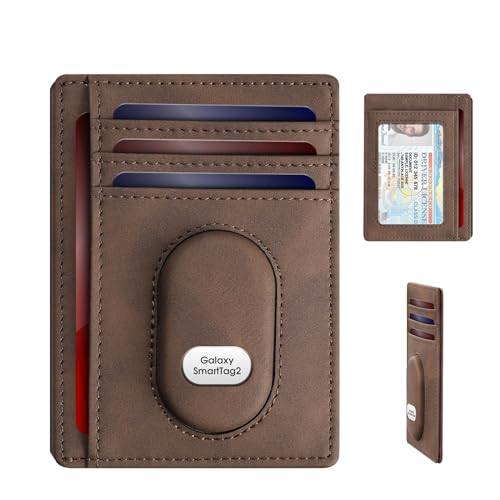 GAOCHALE Carteira fina para Samsung Smarttag2 bolso frontal minimalista carteira de couro compatível com etiqueta Samsung RFID bloqueio de cartão, Café