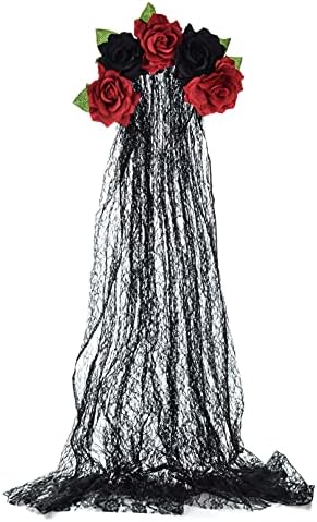Funsveta Day of the Dead Headpiece Rose Floral Crown Lace Veil Halloween Costume Dress Up Accessory (Black and Red)