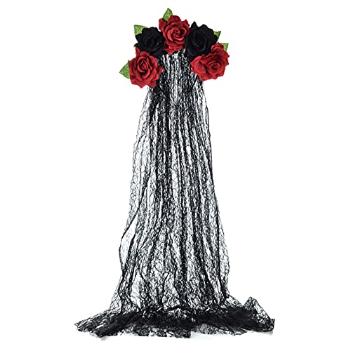Funsveta Day Of The Dead Headpiece Rose Floral Crown Lace Veil Halloween Costume Dress Up Accessory (Black And Red) #TOP3