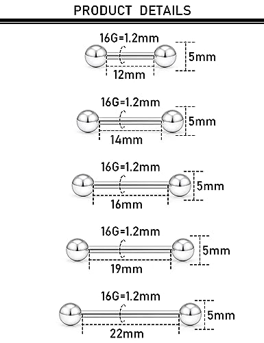 16G 14G 12G Nipple Piercings Tongue Rings Externally/Internally Threaded Hypoallergenic 316L Surgical Steel Nipple Tongue Barbell Piercing Jewelry for Women Men 12mm 14mm 16mm 19mm 22mm3