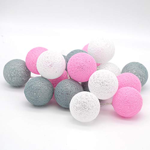 Tronje 20 LED Guirlande Lumineuse Ø6cm Boules de Coton avec Minuterie 4h - Portable Chaîne Lumière 3,8m - Décoration Lampe avec Piles - Gris-Rose