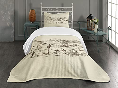Ambesonne Western Bedspread Set, Wild West Landscape Illustration Mountains Desert Plants Cowboys on Horses, 3 Piece Decorative Bedding Coverlet and 2 Pillow Shams, Twin Size, Beige Black