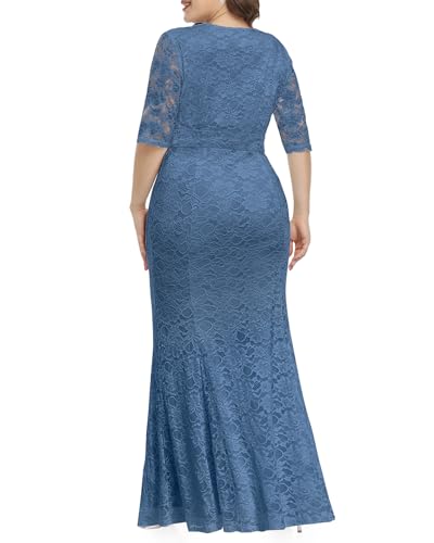 Image of Pinup Fashion Plus Size Formal Evening Dress Wedding Guest Bridal Gowns | Floral lace, wrap v-neck, 3 /4 sleeves, empire waist, mermaid floor length, side zipper