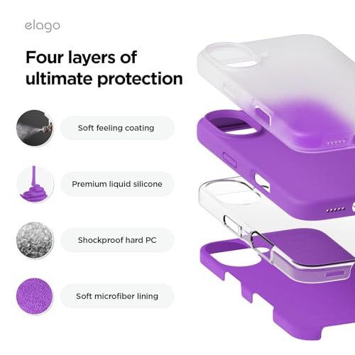 Image of elago Compatible with iPhone 16 Case, Premium Liquid Silicone Case, Full Body Protective Cover, Shockproof, Slim Phone Case, Anti-Scratch Soft Microfiber Lining, 6.1 inch (Neon Purple)