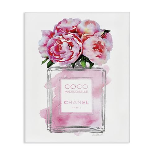 Image of Stupell Industries Glam Perfume Bottle V2 Flower Silver Pink Peony Stretched Canvas Wall Art, Proudly Made in USA | Stupell Industries | 16 x 20 Inches, Easy to Hang and Sturdy, Made in USA, by Amanda Greenwood