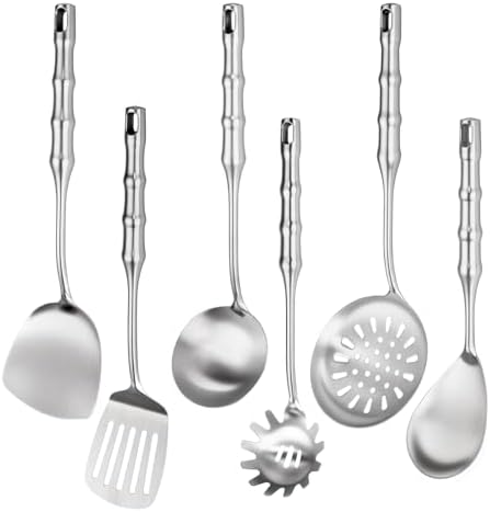 304 Stainless Steel Cooking Utensils,6 Pcs Metal Cooking Utensils Set,Kitchen Tools Set Include Soup Spoon,Slotted Spatula,Slotted Spoon,Spaghetti Spoon,Solid Spoon etc (Dishwasher Safe)