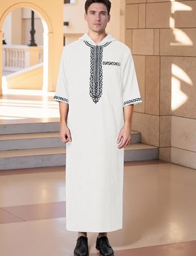 Mens Kaftan Short Sleeve Comfortable Embroidery Robe Eid Wear Solid Colour Casual Hooded Thobe Loose Fit White L