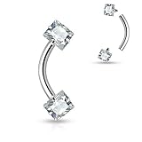 Covet Jewelry Square CZ Prong Set Ends Internally Threaded 316L Surgical Steel Eyebrow Curved Barbells (16GA, Length: 8mm, Ball: 3mm, Clear)
