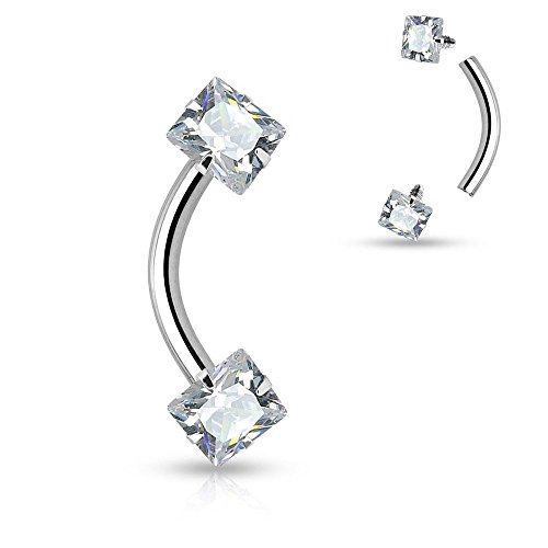 Covet Jewelry Square CZ Prong Set Ends Internally Threaded 316L Surgical Steel Eyebrow Curved Barbells (16GA, Length: 8mm, Ball: 3mm, Clear)