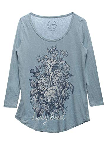 Lucky Brand Womens 3/4 Sleeve Scoop Neck Graphic Tee Shirt (Blue Rose, Medium)
