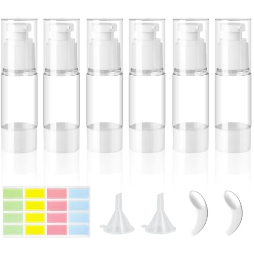 ZDNT 6 botellas de bomba sin aire de 30 ml, rellenables, vacías, transparentes, para viaje, botellas de bomba de prensa al vacío con calcomanías, para base, esencia, crema, artículos de tocador