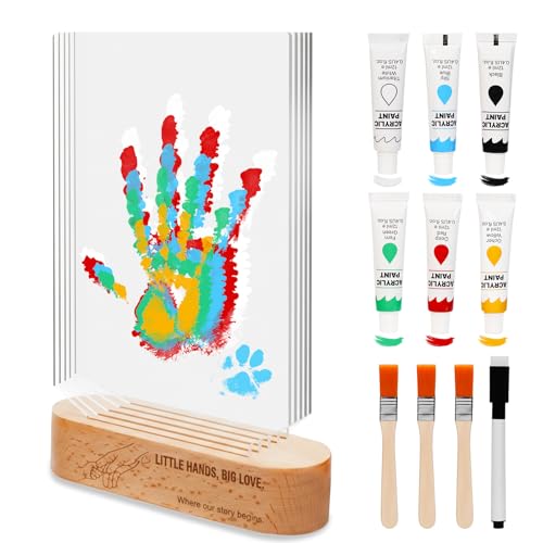 Family Handprint Kit - DIY Baby Hand and Footprint Keepsake - with Solid Wood Base 5 Acrylic Plates & 6 Paints - Unique Keepsake For New Parents Grandparents Baby Shower & Pets