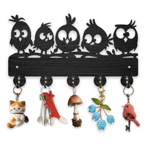 MAYJOYDIY Porte Clés Mural en Forme D'Oiseaux en Bois 30x17cm Éléments D'Oiseaux Boite a Clefs Murale de Rangement Noir Mur Avec 5 Crochets en Alliage pour...