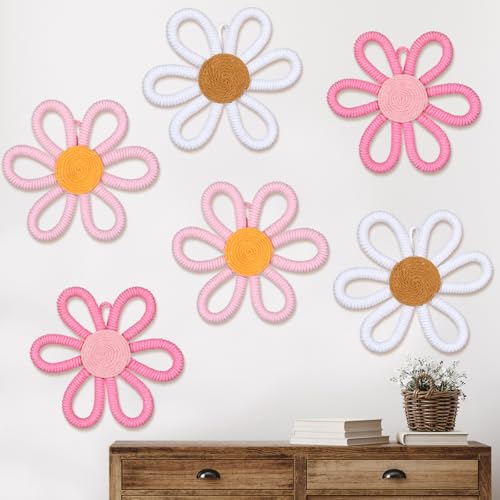 Image of Zeyune 6 Pcs Boho Nursery Daisy Flower Wall Art Decor Woven Macrame Wall Pediments Boho Daisy Floral Nursery Art Decor for Home Bedroom Decorations(Cute,Yarn and Cotton Rope)