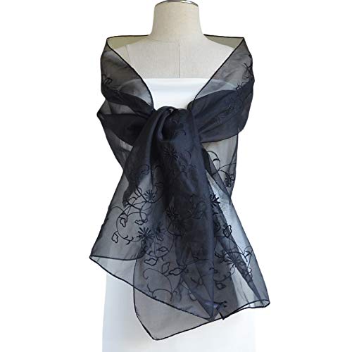 Silk Organza Shawl, 76" L x21 W, Embroidery & Hand made Beads Adorned, Solid Black3