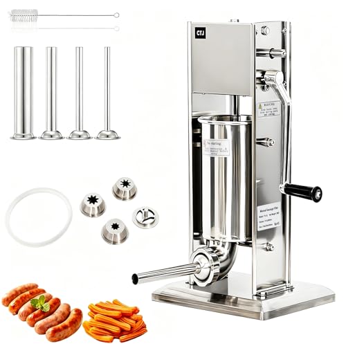 CTJ 11Lb/5L Sausage Stuffers Stainless Steel Vertical Sausage Maker Two Speed Manual Sausage Stuffer and Churro Maker Machine with 4 Stuffing Tubes & Nozzle