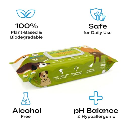 Image of Peco Eco-Pure Pet Wipes 72 Count - 18 X 20 Cm | Biodegradable, Plant-Based Wipes for Dogs | Aloe Vera, Vitamin E & Castor Oil | Hypoallergenic, Alcohol-Free | Deodorising & Grooming Wipes for Cats