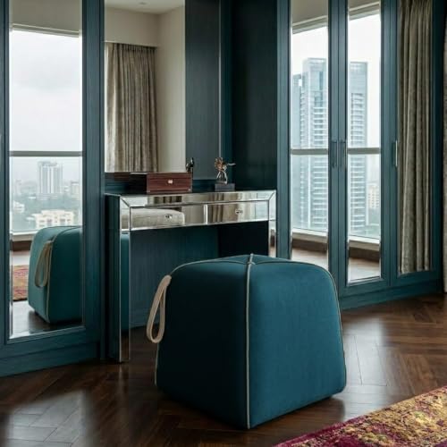 Image of FURNY Signature Regalia Suri Accent Pouf | Boston Fabric | 40D High-Density Foam | (Ocean Green) | Footrest, Vanity Ottoman & Accent Seat for Home, Office & Hotel