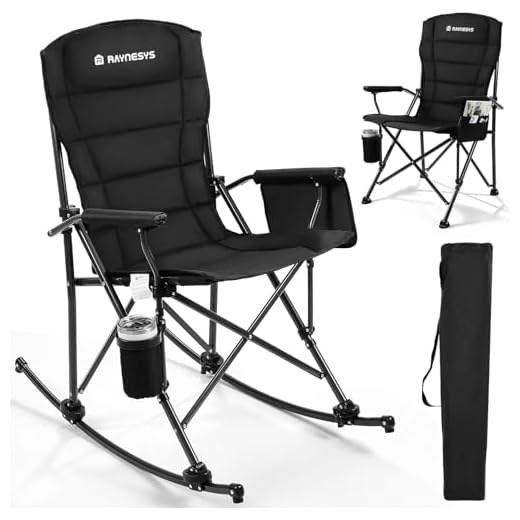 Raynesys Folding Rocking Chair Supports 440 LBS, Outdoor Folding Chair, Rocking Camping Chairs with Cup Holder & Side Pocket, Padded Outdoor Chairs for Patio Lawn Garden Yard (Black)