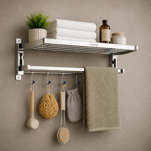 Image of EVANEX Towel Rack for Bathroom 304 Stainless Steel Towel Holder 24 Inch Folding Towel Rack with Shelf Wall Mounted Chrome Finish Bathroom Organizer, Bathroom Accessories Set