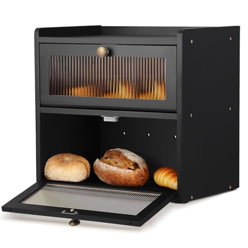 Panera de madera, 2 niveles con ventana magnética transparente, caja de pan, gran contenedor de almacenamiento de pan, panera para almacenamiento de alimentos (A)