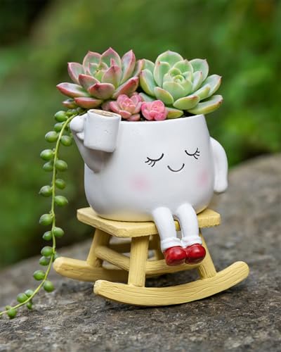 RZOIKZOI Rocking Chair Smiley Face Planter Cute Plant Pots for Indoor Outdoor Plants Succulent Pots with Drainage Hole Unique Funny Flower Pot Plant Gifts for Mothers Day Birthday ChristmasWhite