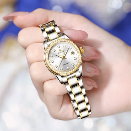 Image of OLEVS Women's Automatic Watch Luxury Mechanical Stainless Steel Two Tone Waterproof Self Winding Dress Small Ladies with Date Diamond Elegant Casual Business Wristwatch Gold /Blue /Black /White