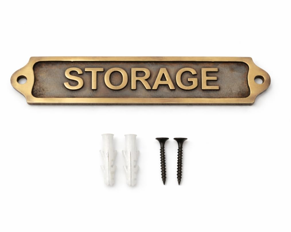 STORAGE Antique Effect Door Plaque Sign | Vintage Style Metal Room Door Sign with Raised Lettering | Wall & Door Name Plate with Fixing Screws | 21.5 x 4.5 cm | STORAGE