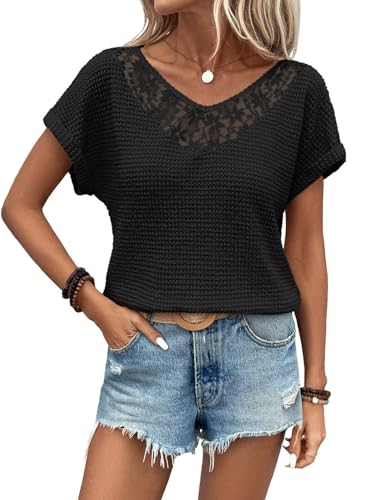 Dokotoo Spring Womens Tops Short Sleeve V Neck Cute T Shirts for Women 2026 Summer Business Casual Waffle Knit Hollow Out Lace Tunic Tops Loose Fit Women Blouses Fashion Clothing Black