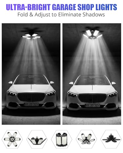 Image of Tudoccy LED Garage Lights 2 Pack, 34000LM 6-Panel Shop Light | 6500K daylight E26 /E27 screw-in bulb for workshop, basement, warehouse, attic ceiling fixture