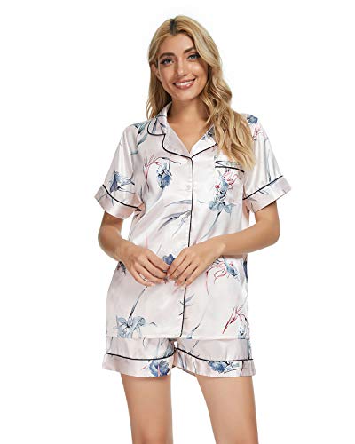 GOSO Pijama de satén para Mujer con Botones de Seda Floral Manga