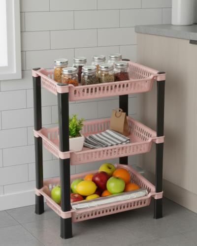 Image of U-Max Multi Tire Kitchen Storage Rack, Plastic Utility Shelf Organiser, Space Saving Storage Solution, Revolving Vegetable Rack (Orange, 3)