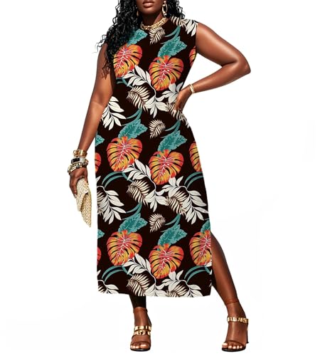Image of UOUA Women Summer Maxi Dresses Plus Size Casual Hawaiian Sundress Sleeveless Loose Split Beach Dress with Pockets