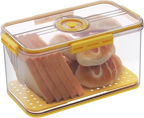 Bread Box, Time Recording Bread Storage Container with Lid, Clear Bread Boxes for Kitchen Counter Airtight, Bread Keeper for Homemade Bread, Toast, Donut and Cookies, Freezer Safe (Yellow-Large)
