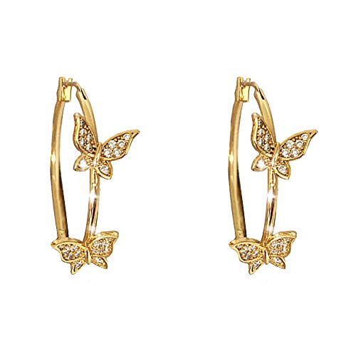 Double CZ Butterfly Dangle Hoop Earrings for Women Girls 14K Gold Plated Cubic Zirconia Big Gold Hoops Click Top Lever-back Clasp Earring Dainty Huggie Jewelry for Wedding Party Prom