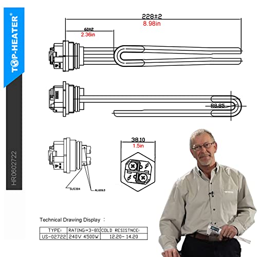 02722/02723 Water Heater Element 4500W 240V, TOP-HEATER Screw-in Foldback Water Heating Element Duron Style Low Watt Density Electric Water Heater 2 Pack Replacement Part, Copper/Nickel,2Pack