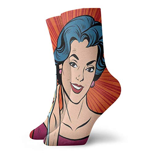Fashion Compression Socks,Pop Art Party Girl Toasting Champagne At Party Image On Starburst Retro Background,Performance Polyester Cushioned Athletic Crew Socks for Running,Athletic, -12 inch