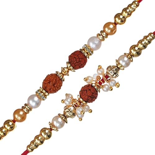Image of eCraftIndia Pearl Beads Rudraksha Rakhi Set of 2 | Rakhi for Brother Bhaiya Bhai with Best Bro Ever Fridge Magnet | Roli Chawal Pack