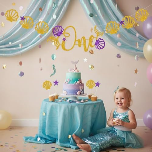 Image of Rozi Decoration Mermaid Theme One Banner Glitter Paper Bunting Decoration | Ocean Party Backdrop for Birthday Celebration | 3 Meter Hanging Banner with Shell & Star Design