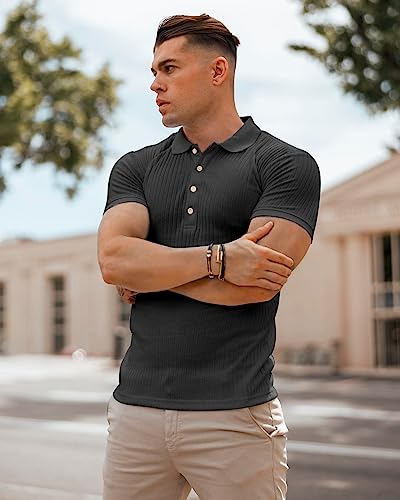 Muscle Polo Shirts For Men Short Sleeve Slim Fit Golf Shirts For Men Casual Dry Fit T Shirts Ribbed Knit Bowling Shirts Black Medium #TOP4