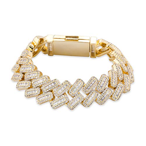 JINAO 20MM 6 Times 14k Gold Plated Cuban Link Bracelet Iced Out Bling Round Carre Baguette Cut CZ with Prong Setting Simulated Diamond Bracelet Hip Hop Jewelry for Men (Gold, 7.5)