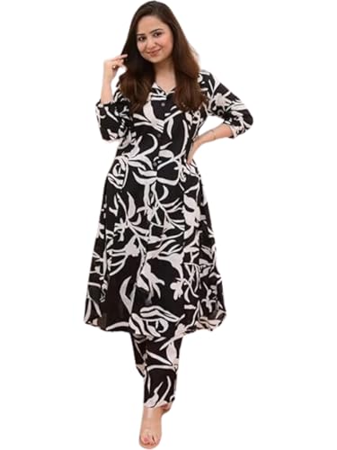 Image of GRECIILOOKS Co ord set for women stylish | Anarkali Kurta-Set - Viscose Printed Kurta & Straight Pant | kurtis| Festive Indian Traditional Outfit Dress for Functions & Puja | Trendy Travel & Streetwear Look for Woman | 3 /4 Half Sleeve