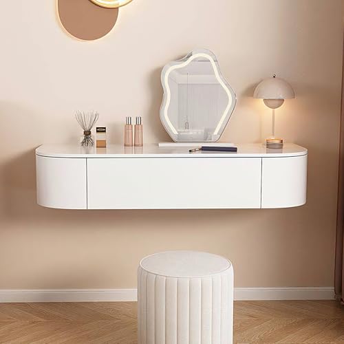 Quvex Fully Assembled Floating Makeup Vanity Desk with Drawers, Modern Wall Mounted Dressing Table with Rounded Corners, Space-Saving Bedside Vanity for Bedroom Home, Easy Install, White, Desk Only