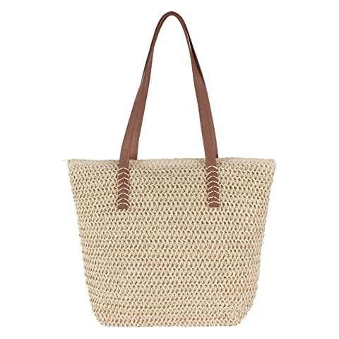 Straw Tote, UMiWEi Women Beach Bag Large Capacity Summer Bag Cotton Thread Weave Shoulder Bag with Zipper, Beige Cover