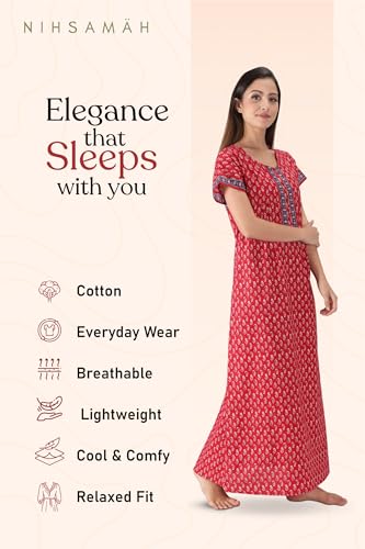 Image of NIHSAMAH Cotton Nighty for Women with Pocket, Premium Printed Long Nighty | Comfortable & Fancy Sleepwear /Nightwear